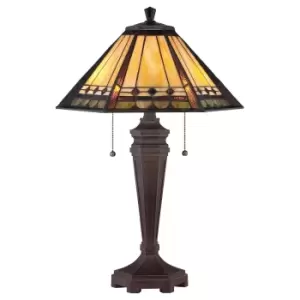 Image of 2 Bulb Table Lamp Tiffany Coloured Glass Metal Base Bronze Patina LED E27 60W