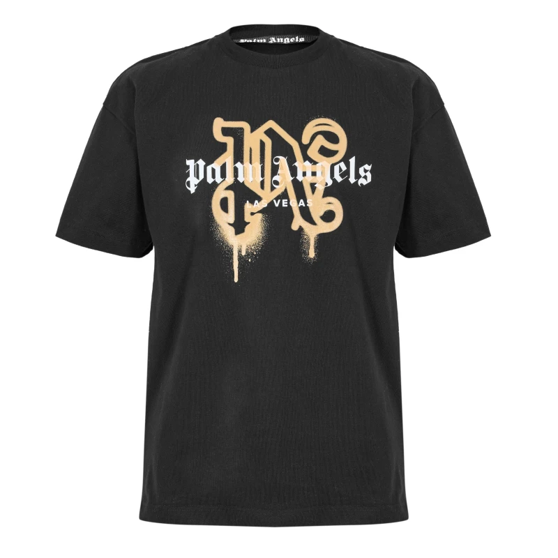 Image of Palm Angels Mens Vegas Spray T-Shirt Black Gold male 2XS