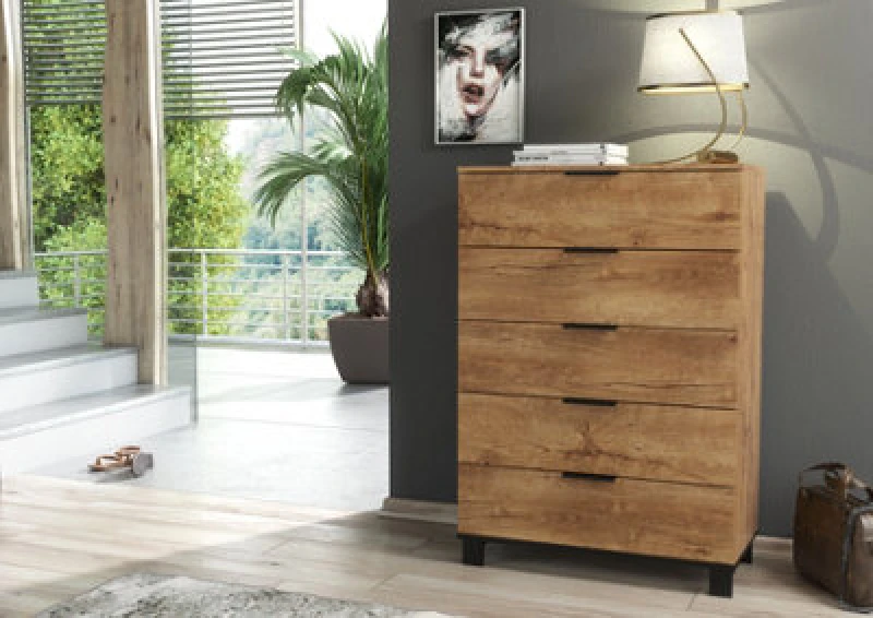 Image of Furneo Modern Dark Oak Effect Chest Of Drawers Cabinet 5 Drawers Storage Cozy 05