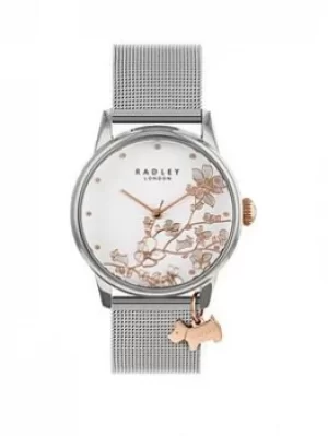Image of Radley Floral Dial Rose Dog Charm Silver Stainless Steel Watch