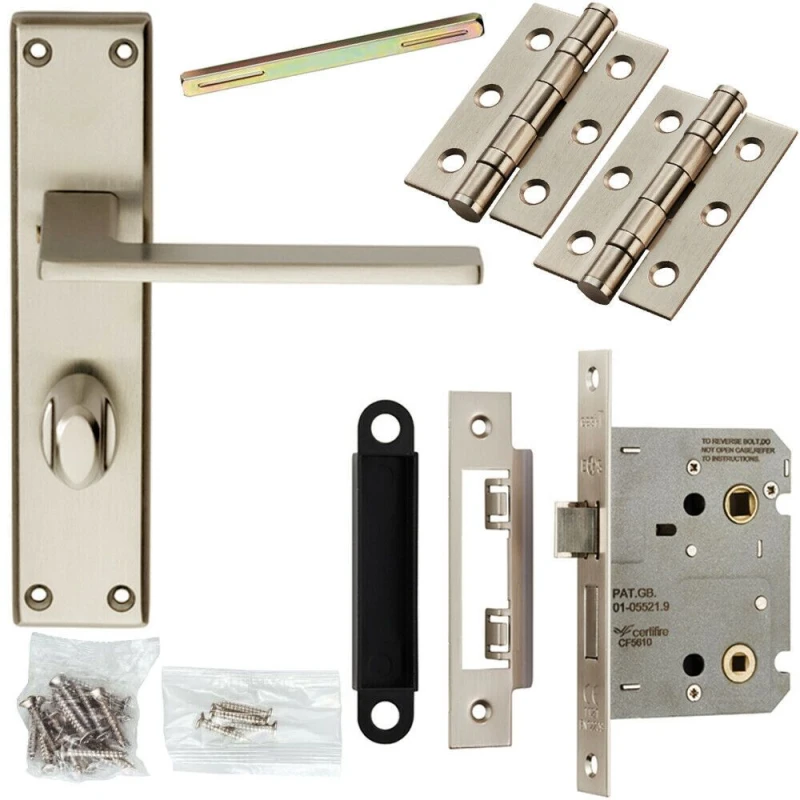 Image of Loops Door Handle & Bathroom Lock Pack Satin Chrome Flat Arm Square Thumb Backplate Multi