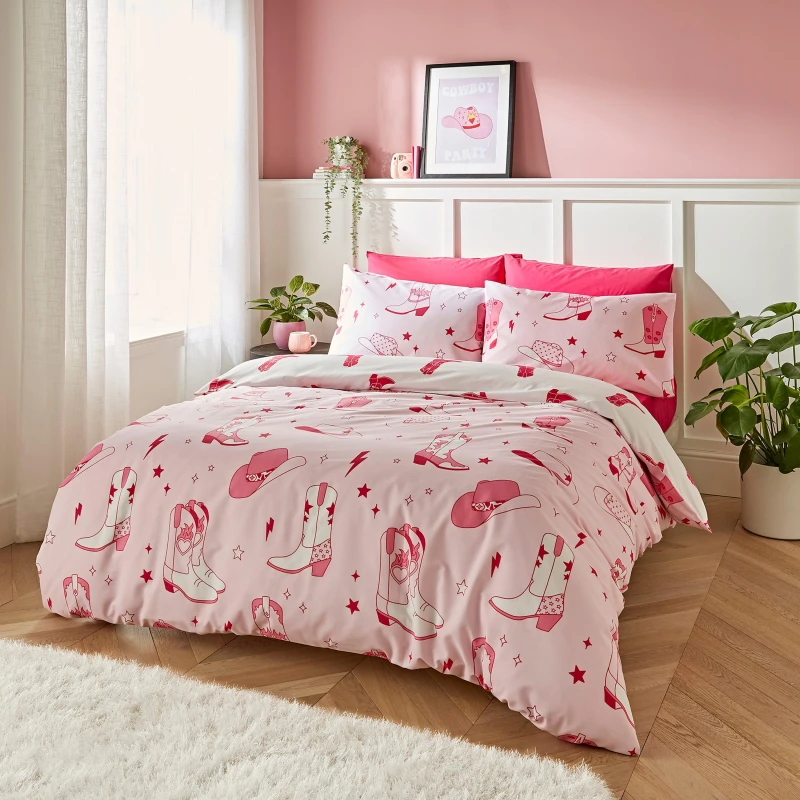 Image of Sassy B Cowgirl Boot Reversible Duvet Cover Bedding Set Pink
