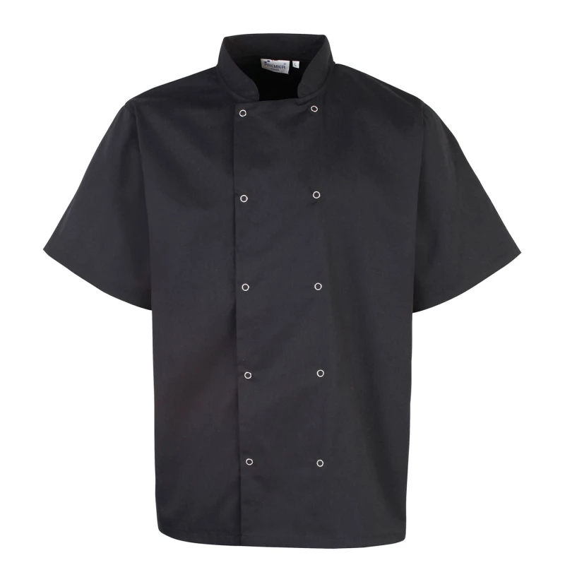 Image of Premier Premier Men Stud Front Short-Sleeved Chef Jacket in Black Size: Medium Black M Male 5063470809318