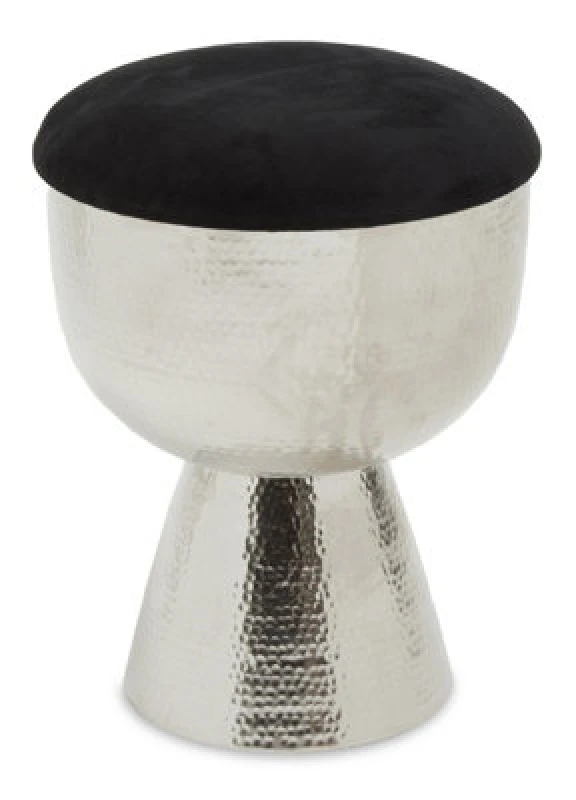 Image of Premier Housewares Interiors By Premier Chrome & Black Stool With Velvet Seat, Hammered Details Makeup Stool, Contemporary Ottoman Footstool