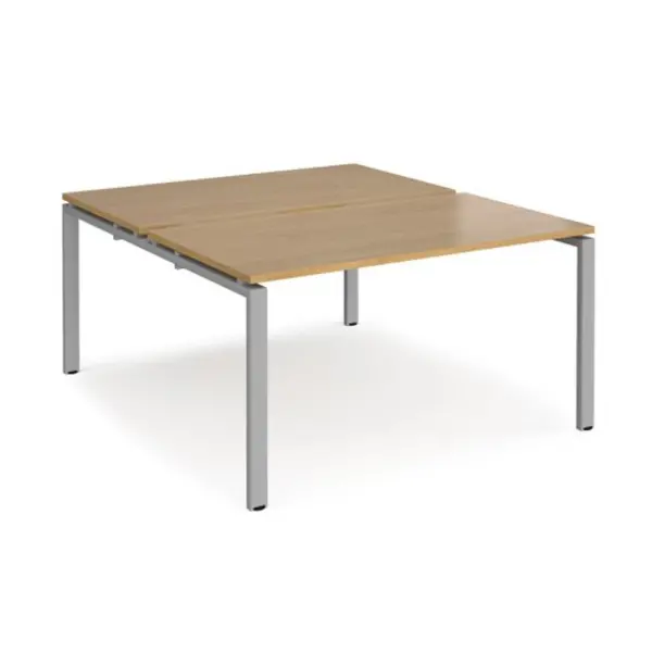 Image of Adapt Bench Desk 2 Person Starter Rectangular Desks 1400mm Oak Tops With Silver Frames 1600mm Depth Adapt Oak E1416-SB-S-O