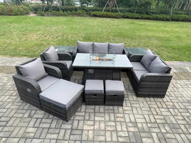 Image of Fimous PE Wicker Outdoor Rattan Garden Furniture Set Propane Gas Fire Pit Table and Sofa Chair set with 3 Footstools 2 Side Tables Dark Grey