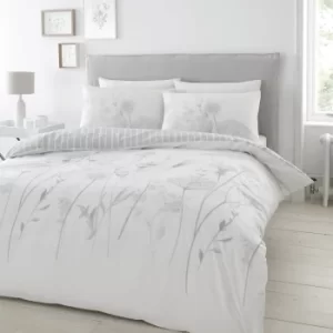 Image of Catherine Lansfield Meadowsweet Floral White Reversible Duvet Cover and Pillowcase Set Grey