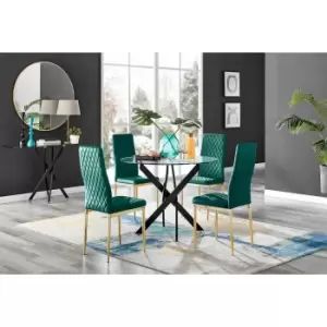 Image of Furniture Box Novara Black Leg Round Glass Dining Table and 4 Green Velvet Milan Gold Leg Chairs
