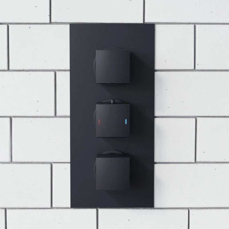 Image of Nes Home Matt Black Square 3 Dial 3 Outlet Concealed Thermostatic Shower Black Unisex