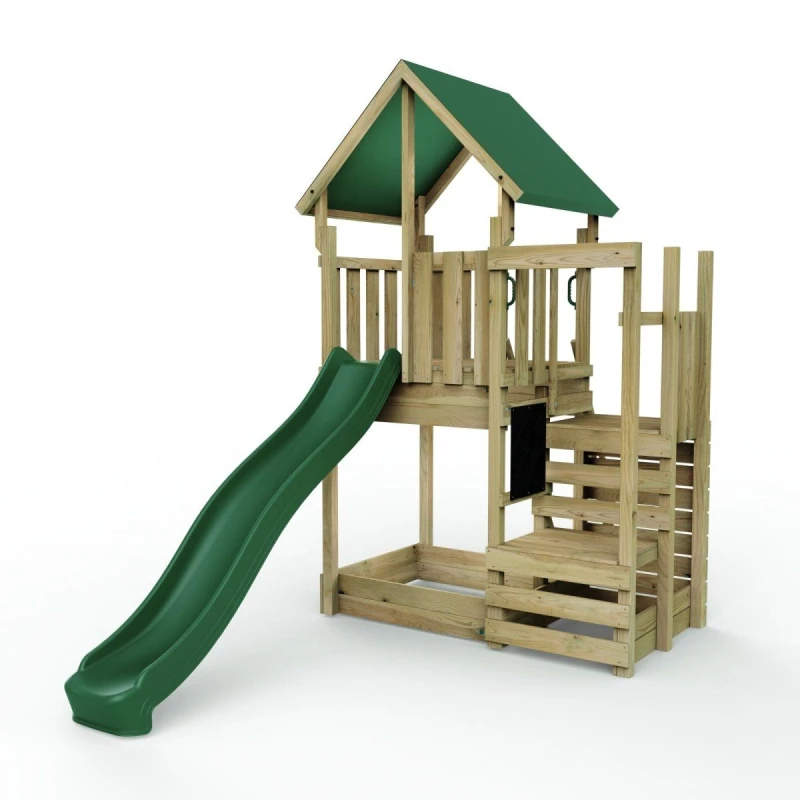 Image of Rebo Wooden Climbing Frame Play Tower and Slide - M11 Stepup Brown