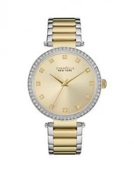 Image of Bulova Caravelle Gold Sunray Crystal Set Dial Two Tone Stainless Steel Bracelet Ladies Watch