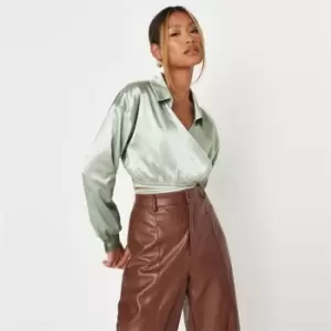 Image of Missguided Wrap Around Satin Shirt - Green