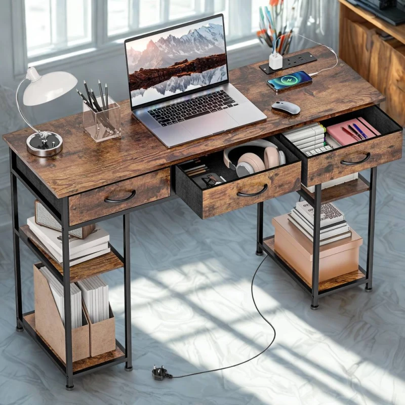 Image of FURNOS Industrial 120CM Computer Desk With Drawers & USB Outlets in Brown Brown Unisex