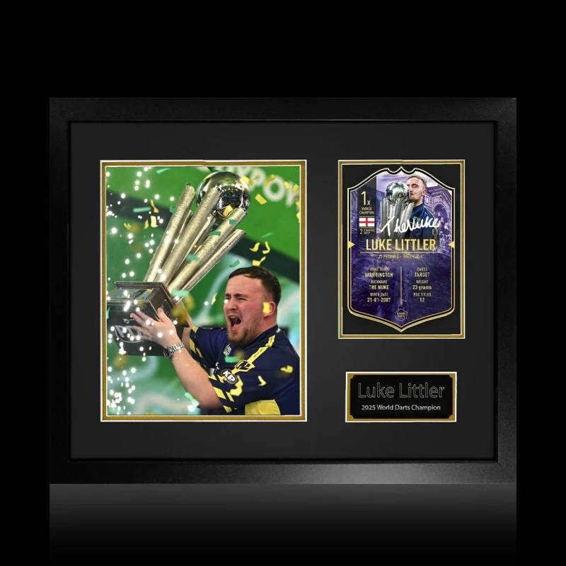 Image of The Fan Cave Luke Littler Signed Ultimate Darts World Champion Yellow & Purple unisex 420mm x 52