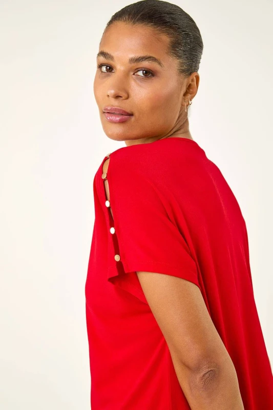 Image of Roman Womens Cold Shoulder Button Top in Red Size: 10 Red Female 10
