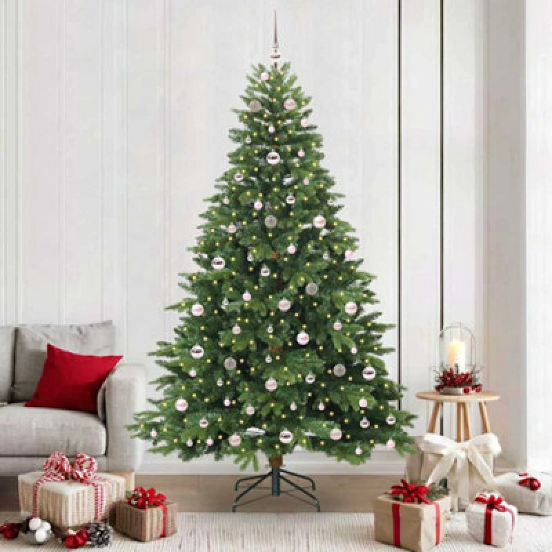 Image of vidaXL Artificial Christmas Tree with 300 LEDs, Pink Balls Green 210 x 132cm PE and PVC, Green 3397564