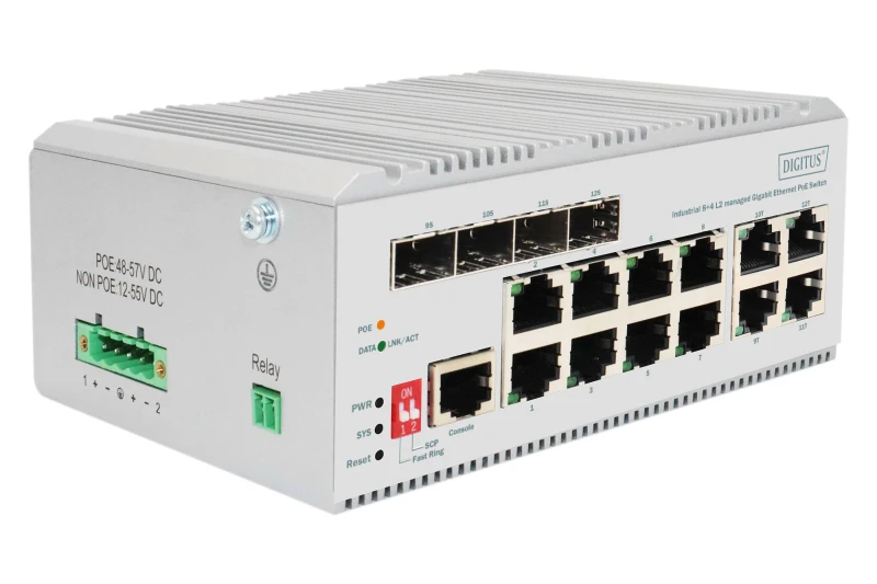 Image of Digitus 8 port Gigabit Ethernet network PoE switch. industrial. L2 man