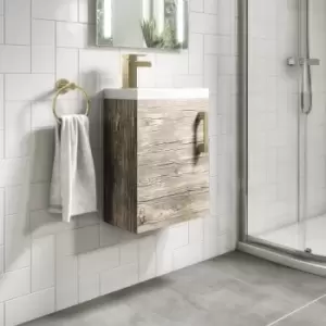 Image of 400mm Wood Effect Cloakroom Wall Hung Door Vanity Unit with Basin and Brushed Brass Handle - Ashford