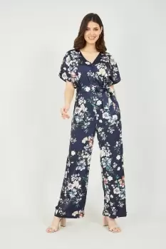 Image of Navy Cluster Floral Satin Jumpsuit