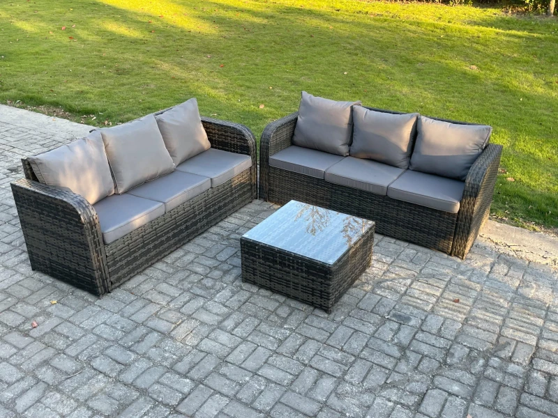 Image of Fimous Indoor Outdoor Rattan Garden Furniture 6 Seater Set Table Sofa Chair Patio Conservatory with Grey Cushions Dark Grey
