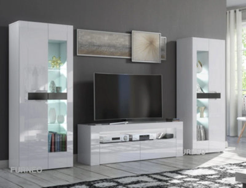 Image of Furneo High Gloss & Matt White Living Room Set TV Stand Display Cabinets Milclif 13 White LED Lights