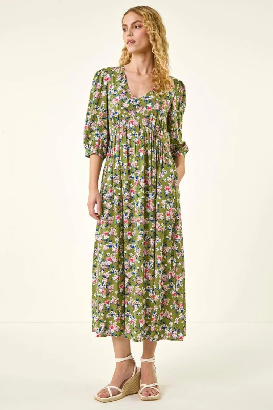 Image of Roman Womens Floral Print V-Neck Midi Dress in Green Size: 10 Green Female 10