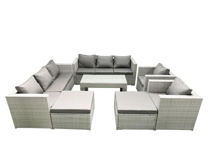 Image of Fimous Outdoor Garden Furniture Rattan Sofa Set with 2 Armchairs Oblong Coffee Table 2 Big Footstools Light Grey Mixed Light Grey