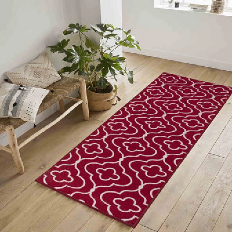 Image of Machine Washable Quatrefoil Design Anti Slip Doormats Red 80X300 Cm