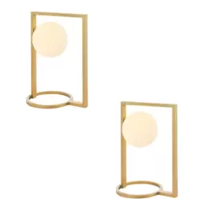 Image of 2 PACK Brushed Gold Table Lamp - Gloss Opal Glass Shade - Geometric Shape Design