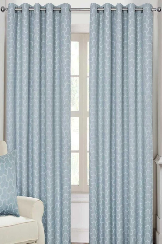 Image of Homescapes Blue Geometric Jacquard Blackout Eyelet Curtain Pair, 90 X 72"