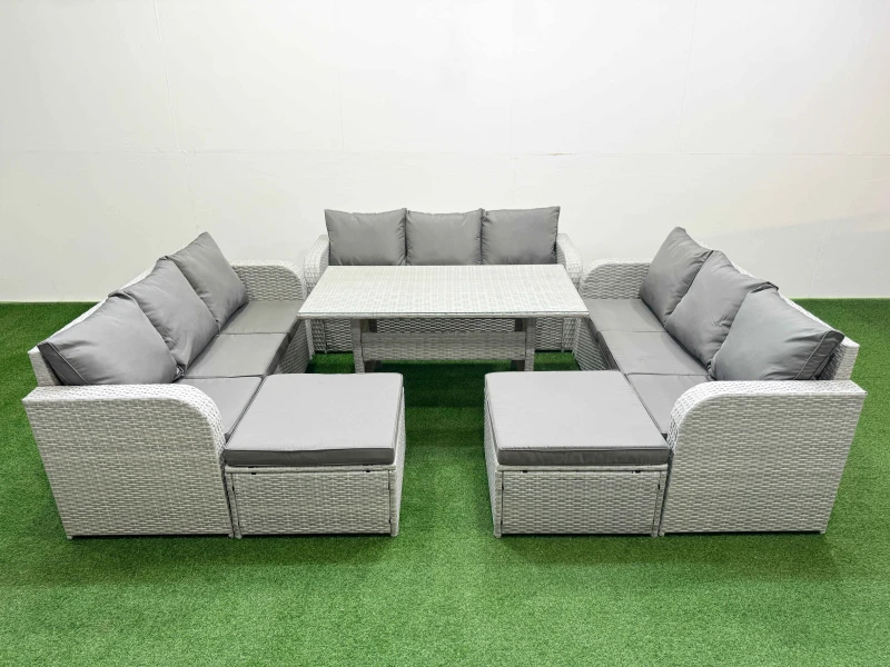 Image of Fimous PE Rattan Lounge Sofa Set 11 Seater Outdoor Garden Furniture Set with Rectangular Dining Table 3 Seater Sofa 2 Big Footstools Light Grey Light