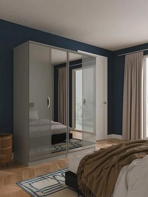 Image of Welcome Furniture Ltd Camden 4 Door Double Mirror Wardrobe in Grey Gloss & Dusk Grey - Ready Assembled, Grey CAM189GGDG