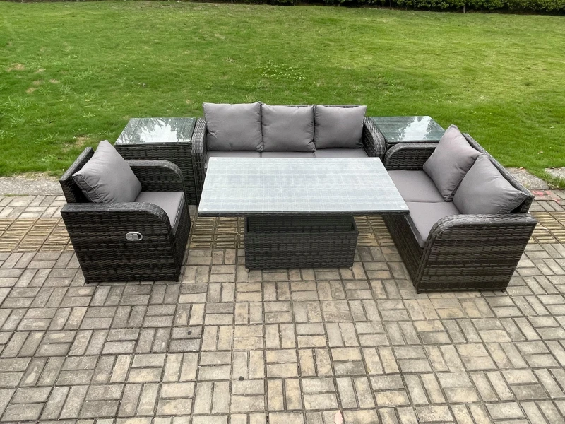 Image of Fimous Outdoor Rattan Furniture Garden Dining Set Patio Height Adjustable Rising lifting Table Reclining Chair Sofa With 2 Side Tables Dark Grey