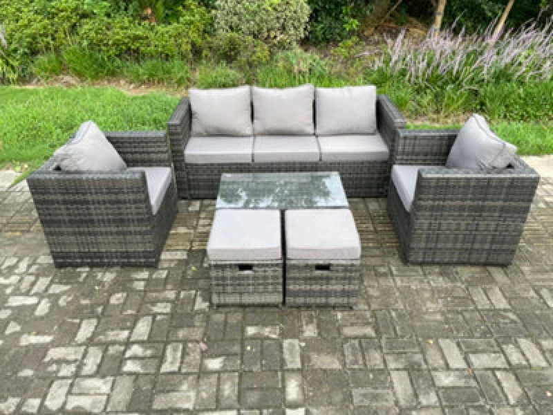 Image of Fimous Outdoor Rattan Garden Furniture Set with 3 Seater Sofa Coffee Table 2 Armchairs 2 Small Footstool Dark Grey