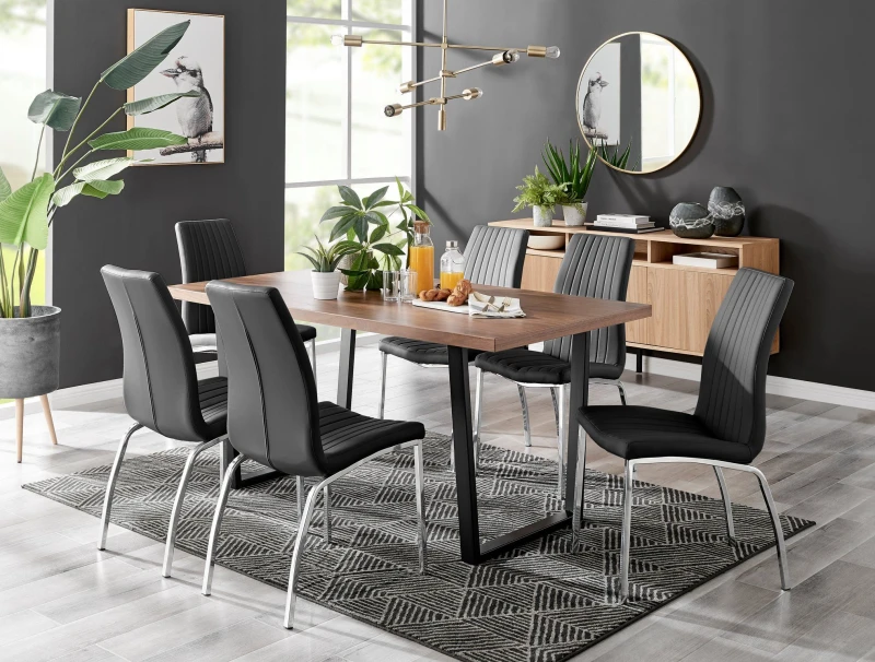 Image of FurnitureboxUK FurnitureboxUK Kylo Large Brown Wood Effect Dining Table & 6 Isco Faux Leather Chairs in Black One Size Unisex 5056657119805