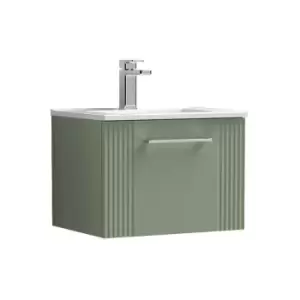 Image of Deco Satin Green 500mm Wall Hung Single Drawer Vanity Unit with 18mm Profile Basin - DPF891B - Satin Reed Green - Nuie