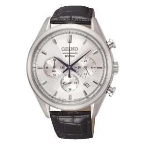 Image of Mens Chronograph Quartz Stainless Steel Watch with Grey Dial & Leather Belt