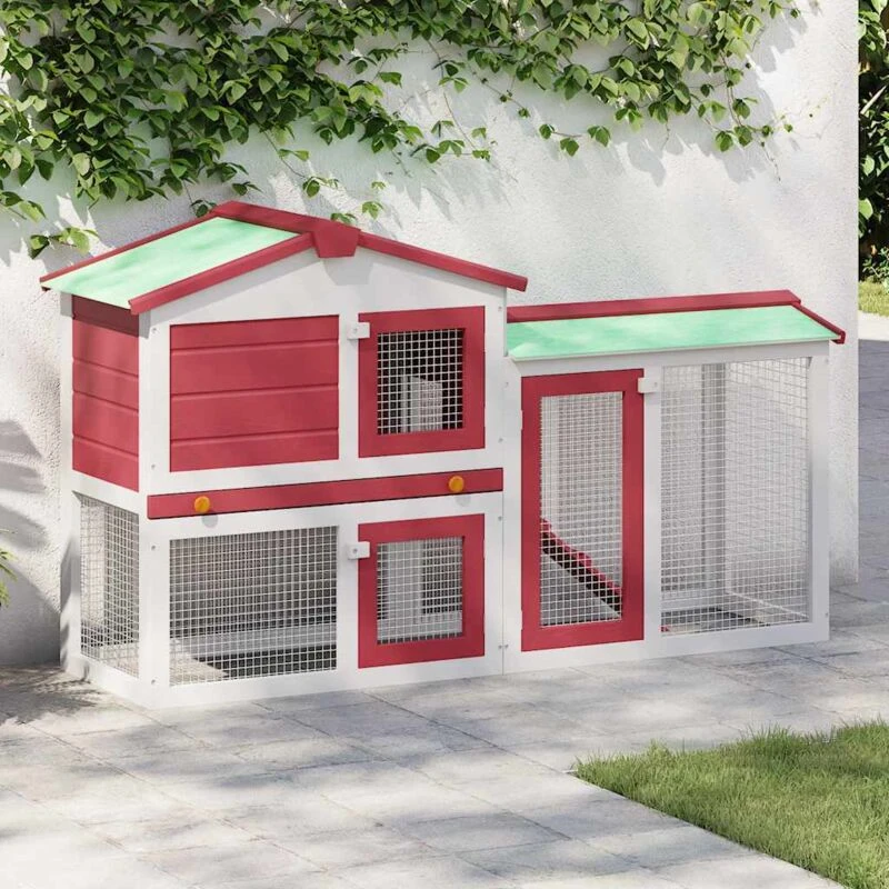 Image of VIDAXL vidaXL Outdoor Large Rabbit Hutch Red and White 145 x 45 x 84 Wood 8719883737652
