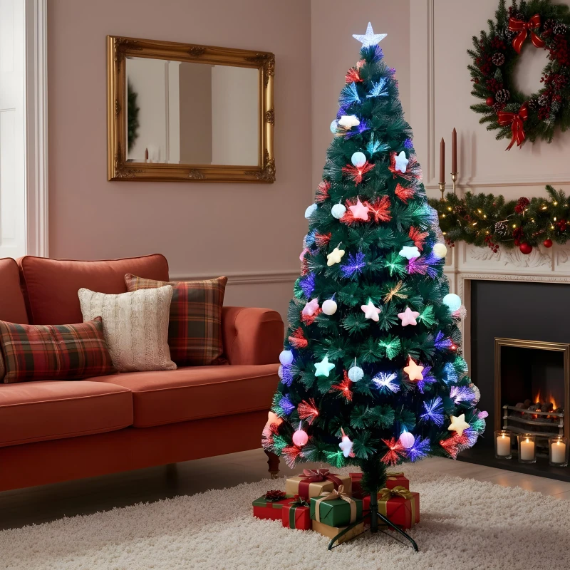 Image of Shatchi 4ft/120cm Pastel Stars and Baubles Fibre Optic Christmas Tree LED Pre-Lit Green