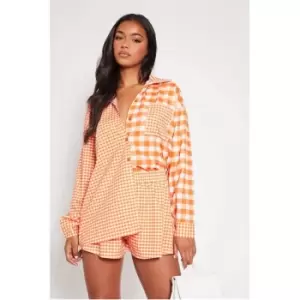 Image of I Saw It First Orange Contrast Gingham Pocket Front Boyfriend Shirt Co-Ord - Orange