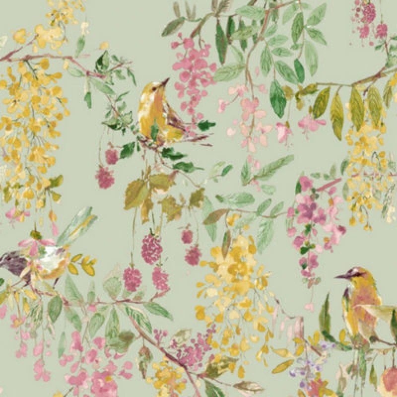 Image of Grandeco Blackberry Trail Green Wallpaper Bird Wildflower Nature Paste The Paper