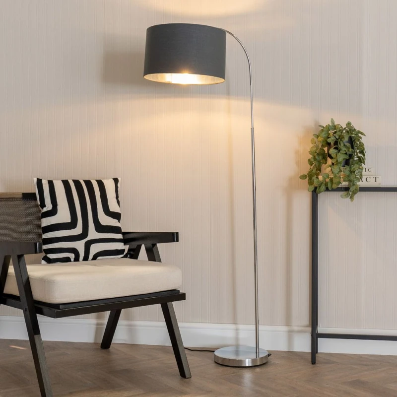 Image of ValueLights ValueLights Curva Chrome Arched Floor Lamp with Metallic Chrome Inner Drum Lamp Shade in Charcoal Charcoal One Size Unisex 5059406061257
