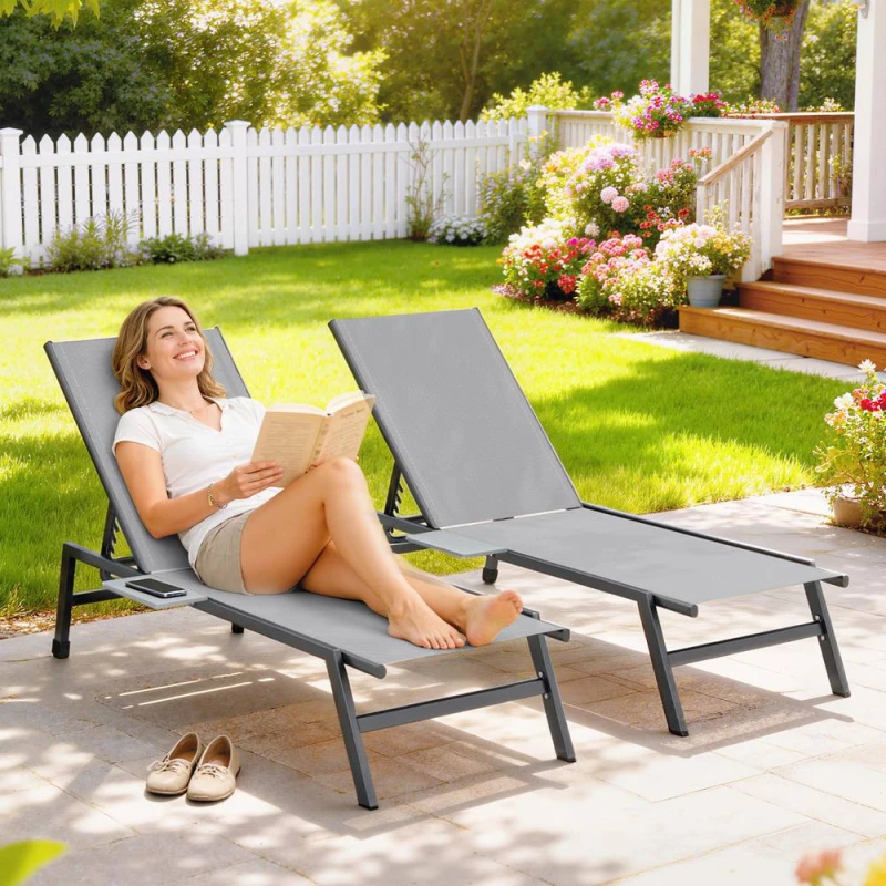 Image of OUTSUNNY Sun Loungers for Garden Set of 2 with Side Tray Table in Grey Size: 190cm x 60cm Grey Unisex 190cm x 60 cm