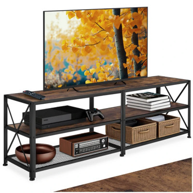 Image of Tectake Industrial TV Stand - Lowboard Cabinet 3 Shelves Low Display Console 161cm - Industrial Wood Dark, Rustic