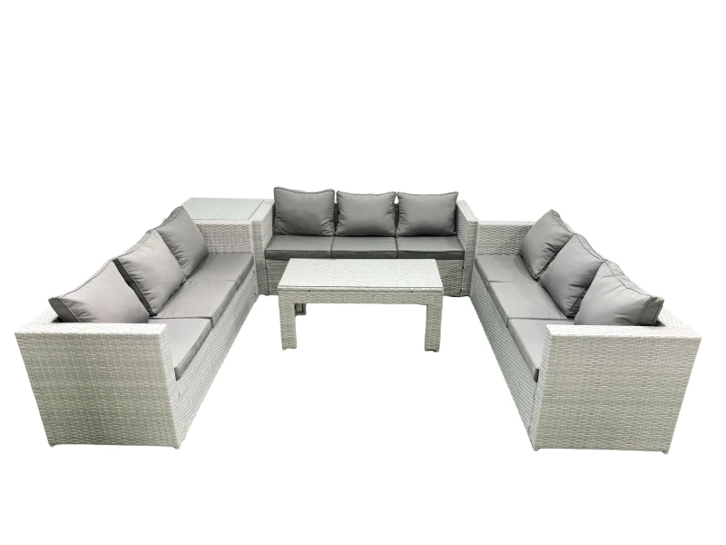 Image of Fimous Rattan Garden Outdoor Furniture Set 9 Seater Garden Sofa Oblong Coffee Table Set with Side Table Light Grey Mixed Light Grey