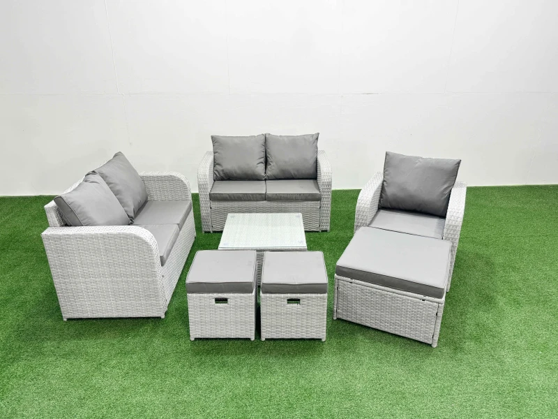 Image of Fimous High Back Poly Rattan Garden Furniture Set with Reclining Chair Loveseat Sofa Square Coffee Table Indoor Outdoor Patio Set 3 Stools Light Grey