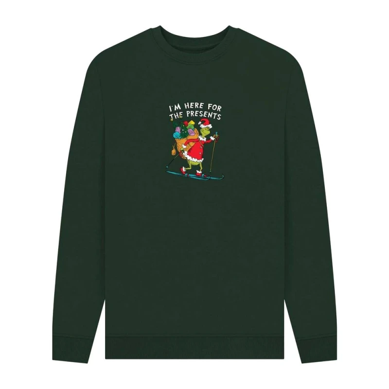 Image of The Grinch Mens I'm Here For The Presents Sweatshirt in Bottle Green Size: Medium Bottle Green Male M