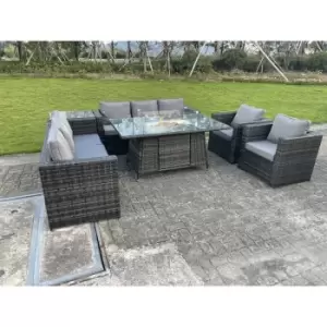 Image of Fimous 8 Seater Outdoor Dark Grey Rattan Lounge Complete Sofa Set with Gas Fire Pit Table and Gas Heater