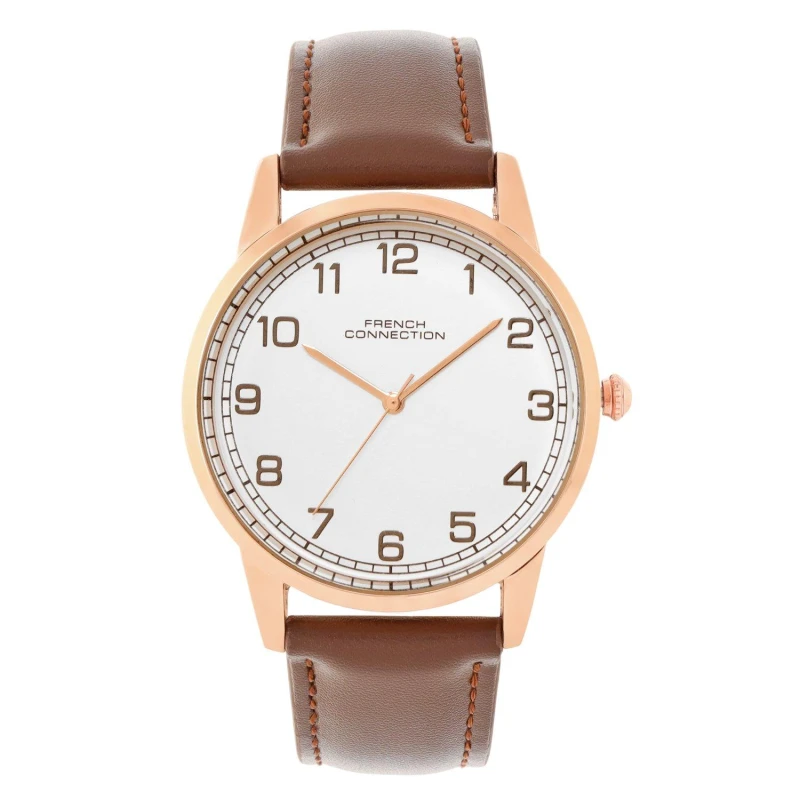 Image of French Connection Rose Case Round Shape Black Strap Quartz Watch White male One Size