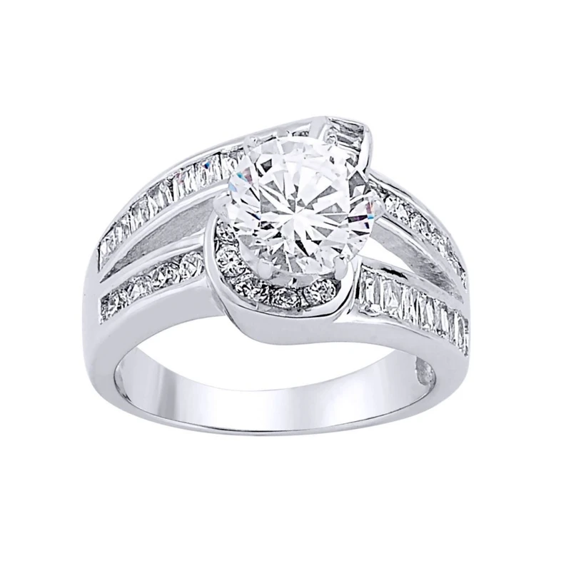 Image of Jewelco London Silver Baguette CZ Crossover Twist Solitaire Engagement Ring - GVR046 Silver